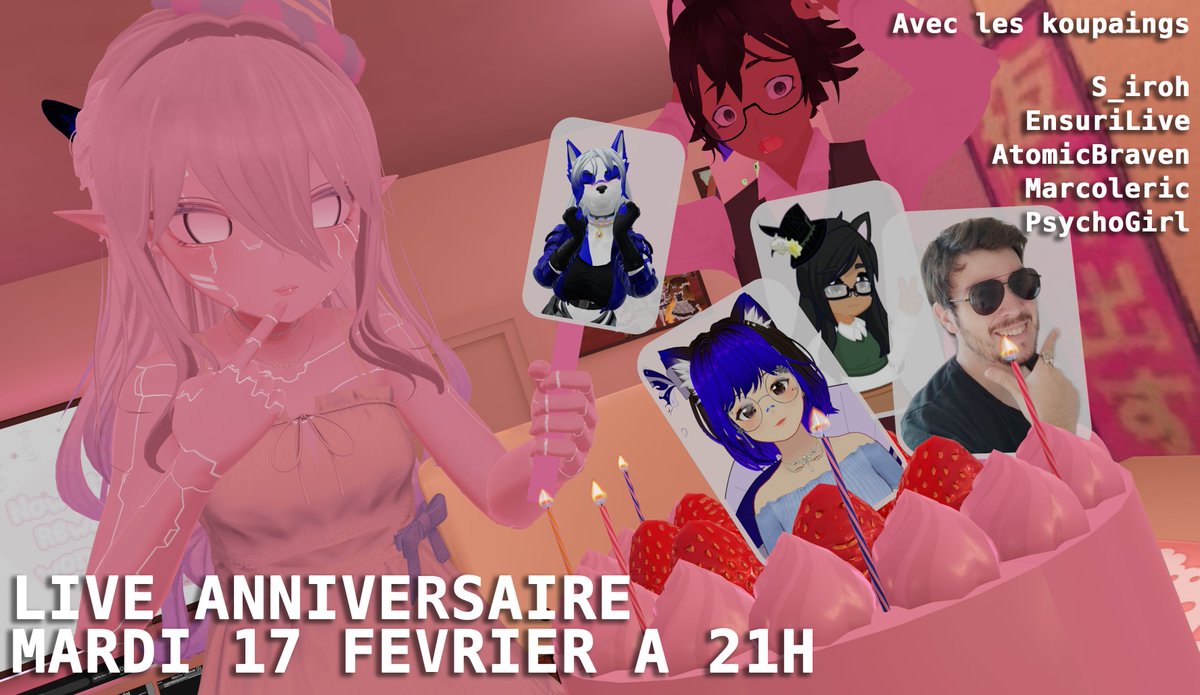 Demain, le 17 fevrier, j'ai 21 ans...
Du kou demain, ben on ira live avec les kopains <a href="/Siroh_VTuber/">S_iroh</a> <a href="/AtomicBraven/">AtomicBraven 🐺🏳️‍⚧️ ｜VtuberFR</a> <a href="/ensurilive/">Ensuri 🦋 VtuberFR | DONATHON EN COURS</a> <a href="/Marcoleric_/">Marcoleric</a> et Psychogirl sur Twitch à 21h ! 
Bisou !

#vtuberfr #vtubervr #birthday