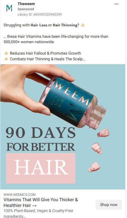 I was scrolling through the ad library the other night and this Theweem hair vitamin ad stopped me.

And I had to write some stuff down because this ad is doing a few things really well but also leaving conversions on the table in ways that are fixable in like 30 minutes.

So let