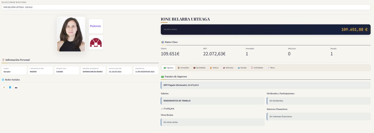 Gsnchez's tweet photo. Revisitando este post de Jaime meses después, he pensado que era una buena ocasión para hacer un revamp estético de la app de las declaraciones de bienes (pública y abierta)

Se cruzan dos fuentes públicas del Congreso:

📄 Declaraciones de Bienes → salarios, IRPF, inmuebles, vehículos, cuentas bancarias, deudas, sociedades, acciones, dividendos.
📋 Registro de Intereses → actividades profesionales, cargos, donaciones, fundaciones.

▶️ https://t.co/QmhTeNEOEo