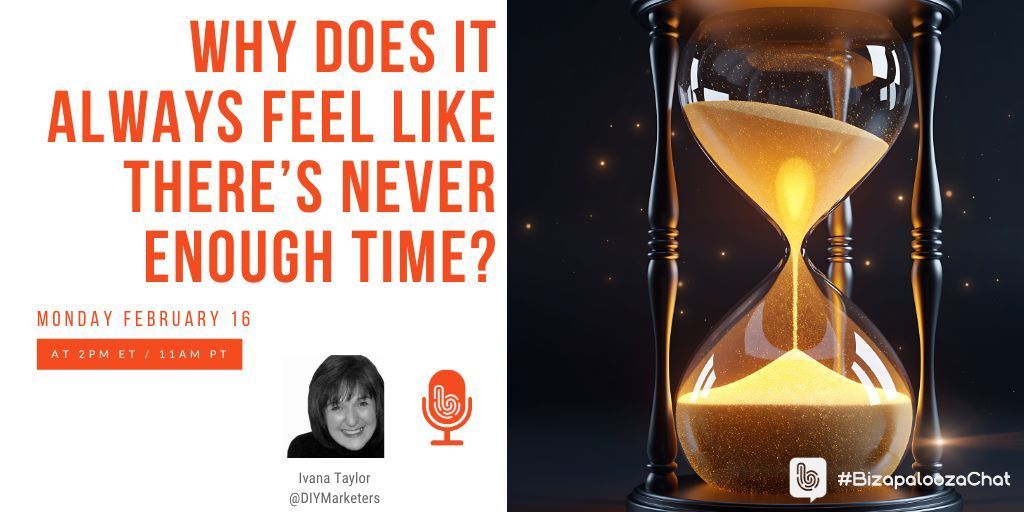 DIYMarketers's tweet image. What’s really behind this constant feeling of “not enough time”? 

TODAY on #BizapaloozaChat we talk about

👉 Why does it ALWAYS feel like there’s never enough time? 

Don't miss it. Monday, February 16 at 2pm ET/11am PT. 

#smallbusinesstips #priorities #focus #procrastination