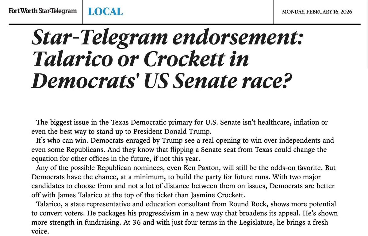 BREAKING: <a href="/startelegram/">Fort Worth Star-Telegram</a> endorses @JamesTalarico

Talarico has now earned the endorsement of almost every major newspaper in Texas.

✅Fort Worth Star-Telegram
✅Houston Chronicle
✅Dallas Morning News
✅Austin American-Statesman
✅Austin Chronicle