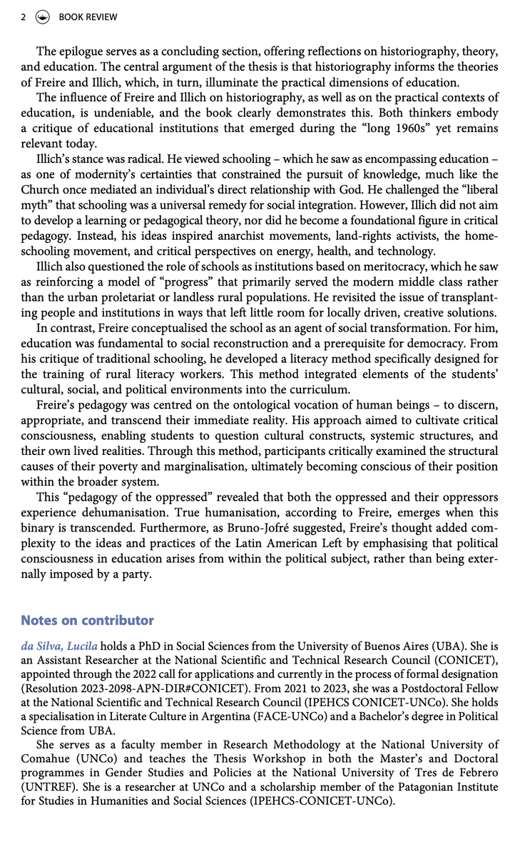JonIgelmo's tweet photo. En el último número de la revista Paedagogica Historica (@PH_Journal, vol. 62, no. 1), Lucila da Silva escribe una reseña del libro que edité con Rosa Bruno-Jofré y Michael Attridge titulado "Rethinking Freire an Illich" (@utpress, 2023). Este libro no para de darnos alegrías. https://t.co/qHvbwFTr5g