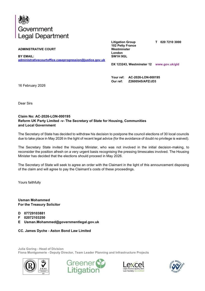 PolitlcsUK's tweet image. 🚨 BREAKING: The Government has dropped its plans to delay some local elections after receiving legal advice about Reform UK's court case
