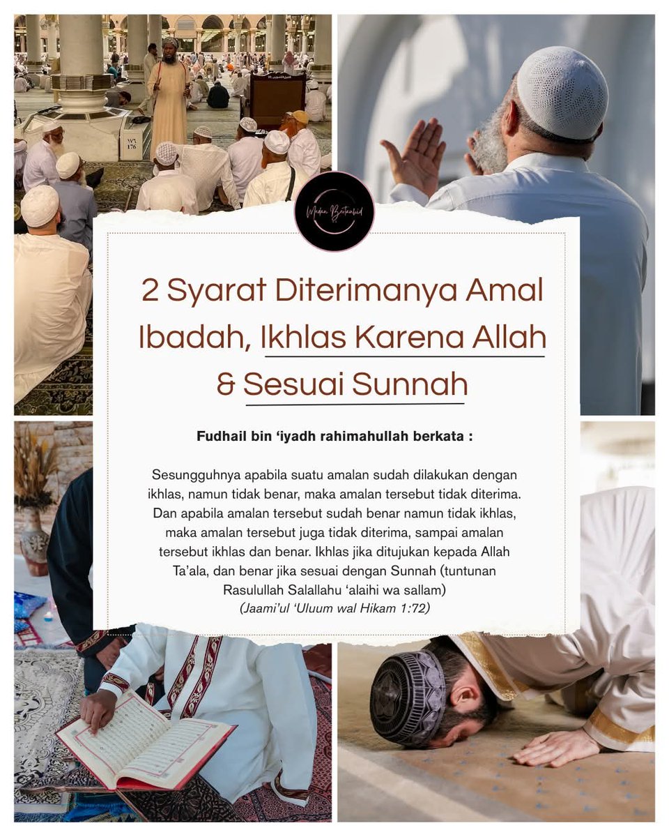 Syarat diterimanya amal ibadah dalam Islam ada dua, yaitu:

1. Ikhlas karena Allah: Amal ibadah harus dilakukan dengan niat yang ikhlas karena Allah semata, bukan karena ingin dipuji orang lain atau mendapatkan keuntungan duniawi. Allah berfirman, "Padahal mereka tidak disuruh