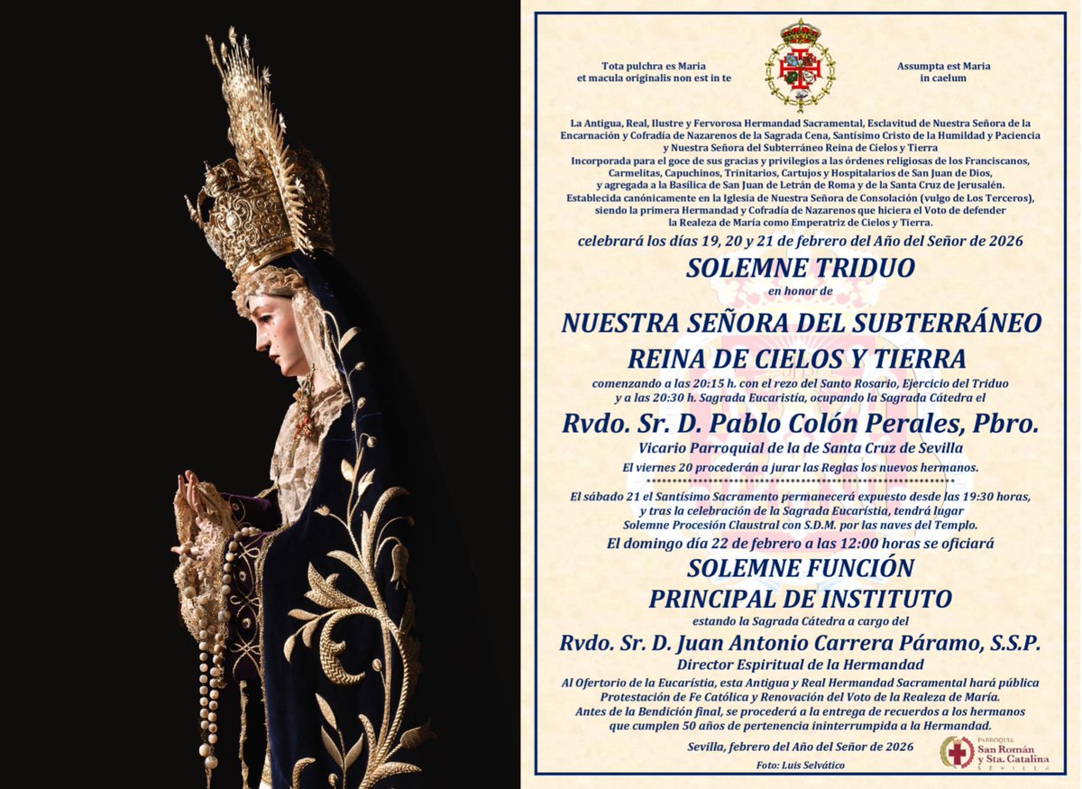 CULTOS | Esta semana celebraremos los cultos en honor a Nuestra Señora del Subterráneo Reina de Cielos y Tierra.

✝️ Triduo
🗓️ Jueves 19, viernes 20 y sábado 21
⏱ 20:15 horas
🗣️ Rvdo. P. D. Pablo Colón Perales

🙏🏼 Exposición del Santísimo
🗓️ Sábado 21
⏱ De 19:30 a 20:30 horas