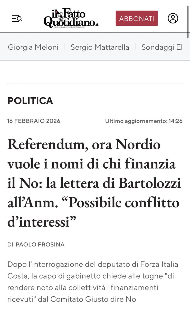 No, Nordio non vuole i nomi di chi finanzia il No, quasi fosse una minaccia. 

Deve rispondere a un atto di sindacato ispettivo e pertanto ha esigenza di acquisire le informazioni del caso.

Posto che l’interrogante <a href="/Enrico__Costa/">Enrico Costa</a> vuole legittimamente capire se magistrati in
