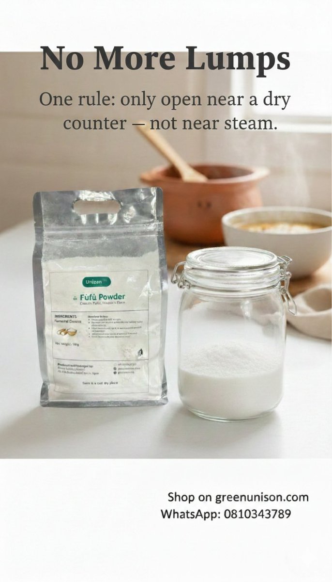 greenunison's tweet photo. Lumpy fufu powder is usually a storage problem
Here’s the simple fix: decant into an airtight jar, scoop with a dry spoon, and keep it in a cool, dry cupboard (away from steam). 

Full guide: https://t.co/7RgP8gqKq0

 #FoodStorage #KitchenTips https://t.co/URER6CIlKA