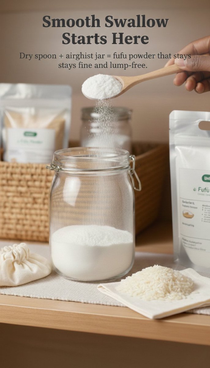 greenunison's tweet photo. Lumpy fufu powder is usually a storage problem
Here’s the simple fix: decant into an airtight jar, scoop with a dry spoon, and keep it in a cool, dry cupboard (away from steam). 

Full guide: https://t.co/7RgP8gqKq0

 #FoodStorage #KitchenTips https://t.co/URER6CIlKA
