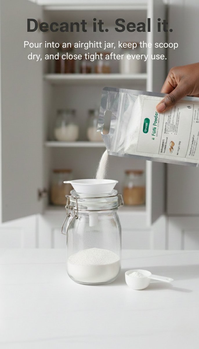 greenunison's tweet photo. Lumpy fufu powder is usually a storage problem
Here’s the simple fix: decant into an airtight jar, scoop with a dry spoon, and keep it in a cool, dry cupboard (away from steam). 

Full guide: https://t.co/7RgP8gqKq0

 #FoodStorage #KitchenTips https://t.co/URER6CIlKA