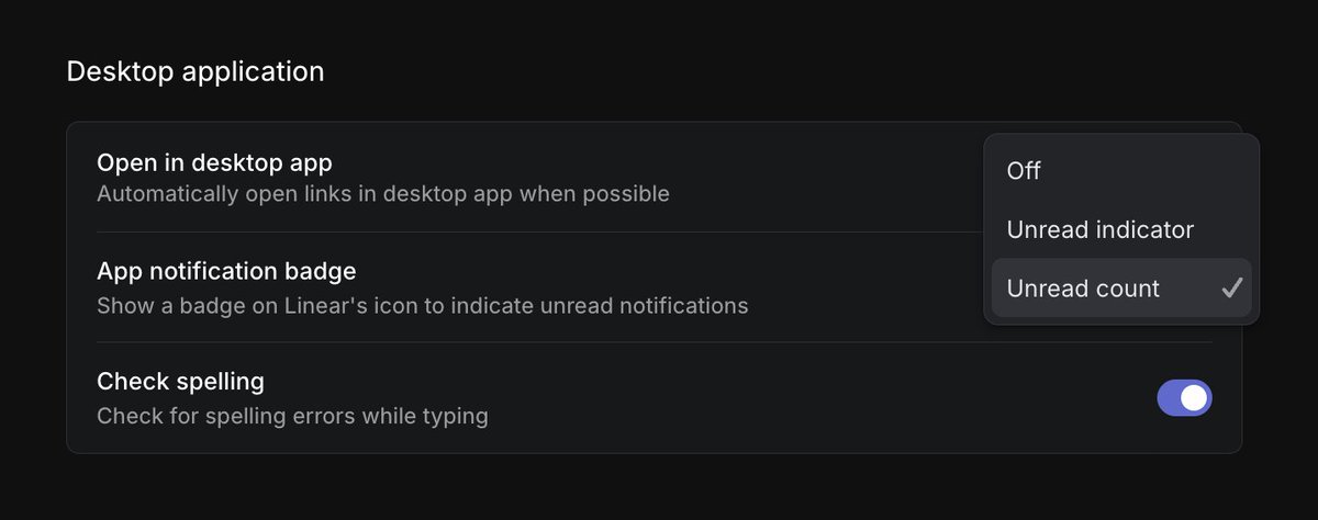 laander1901's tweet photo. @linear @KirkMarple you can also change it to show the unread count (as opposed to just the dot) if you prefer https://t.co/PUIsRWctoR