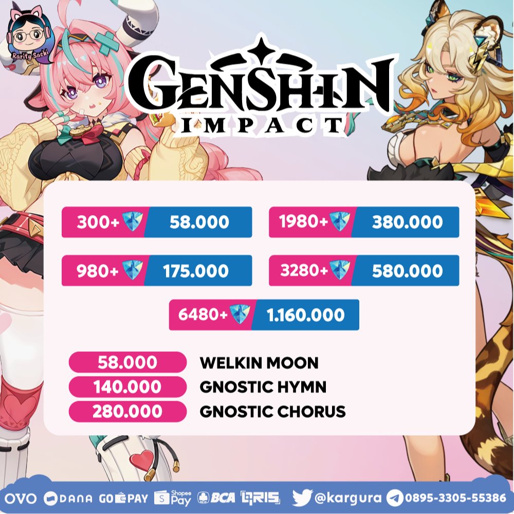 Welkin 58k dan pricelist miliastra sama kayak disini ya, ada invoice dan bisa via QRIS <3