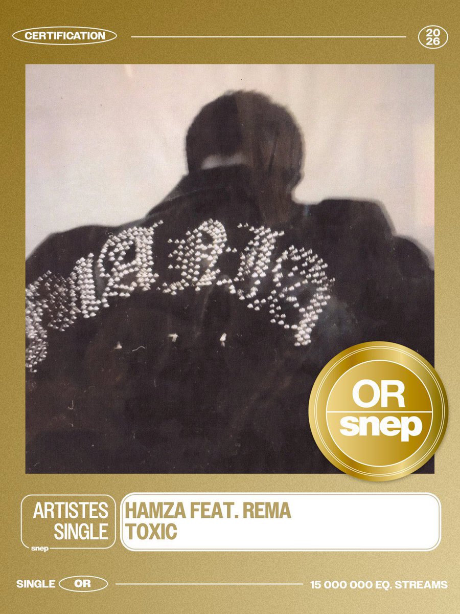 FugaziReturn's tweet image. Hamza Featuring Rema “Toxic” has been certified Gold in France🇫🇷 making it Rema’s 6th certified song in France

Second most for any afrobeats artist🦇