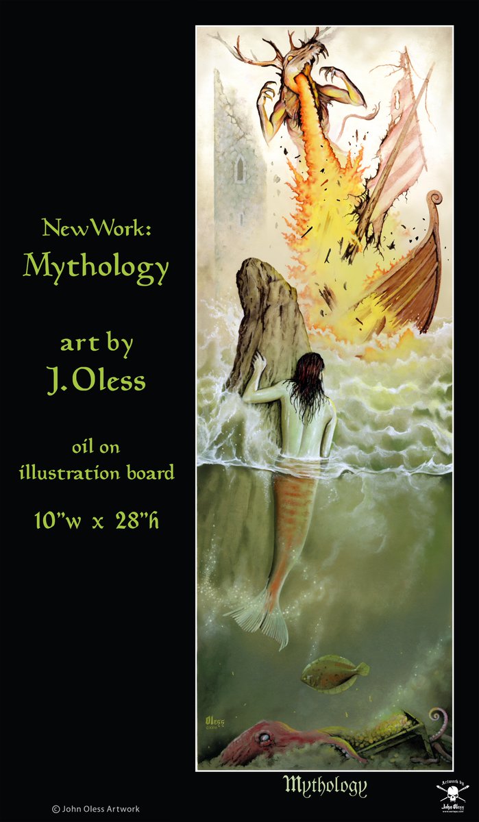 Mythology, new oil painting from me. I found an old piece of scrap illustration board and thought, OK what can I paint on it? I was painting whatever my imagination gave me and vertical formats are always more dramatic than horizontal. 10"w x 28"h