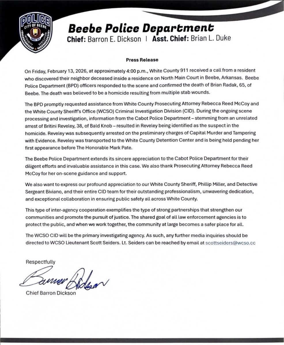 Release from Beebe Police concerning a Friday afternoon homicide with ID of the suspect and victim.