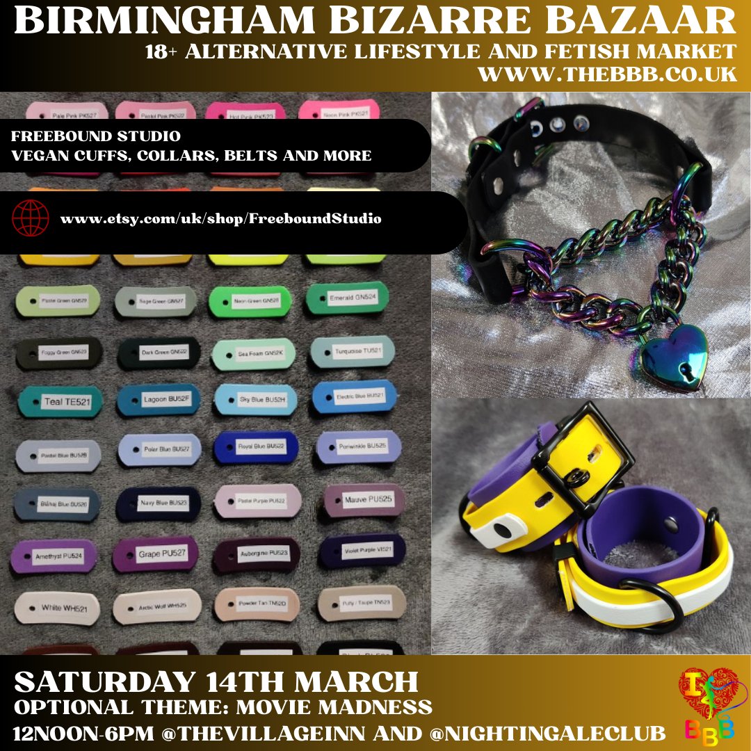BBBAltFetBazaar's tweet photo. 🎬 March is Movie Madness and the trader lineup is giving main character energy! 
🗓 SATURDAY 14th March 12–6PM

Freebound return for March! Talk customs, colours and personalisation in person and on the day!

#BrumEvents #QueerOwned #LGBTQBusiness #KinkCommunity #BBBTraders https://t.co/1CbHaanpm0
