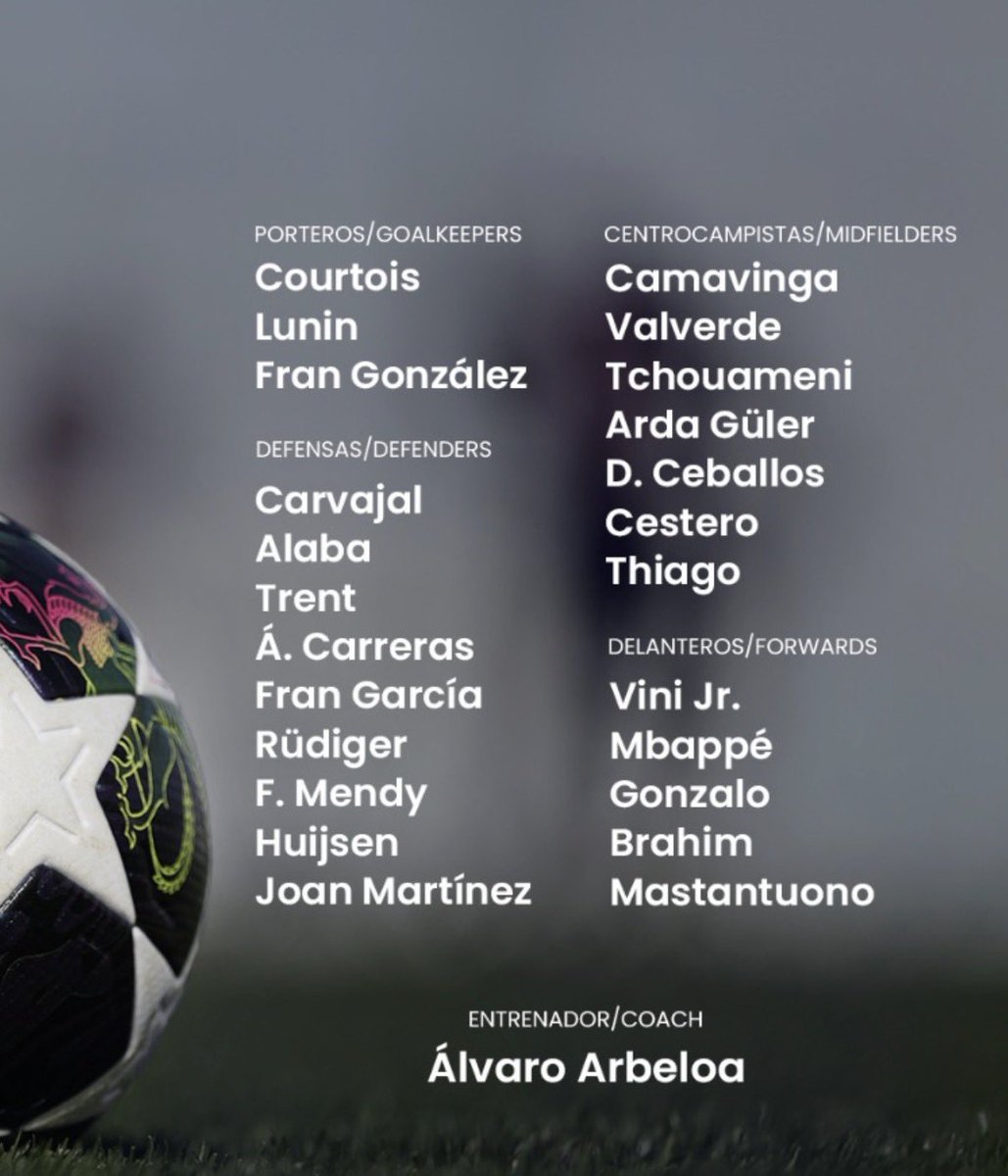 RealMadrid_225's tweet photo. ✅ Le groupe pour le match aller contre Benfica.

👉 Asencio (suspendu) est absent. https://t.co/TZ0rVt1L7S