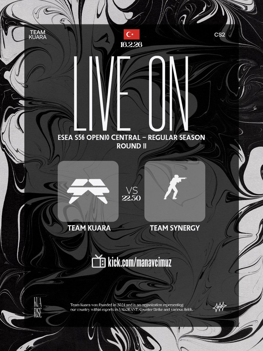 We are LIVE ON for Round 11! 

⚔️ Our journey in ESEA S56 continues tonight against Team Synergy. We are currently holding a strong 9-1 record and we are hunting for our 10th victory.

Don't miss the action, join us at <a href="/sadoripp/">sado</a> 's: 📺 kick.com/manavcimuz