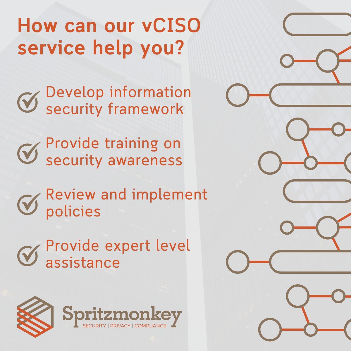 Here’s how our #vCISO service could help your business:

✅ Develop information security framework
✅ Provide training on security awareness
✅ Review and implement policies
✅ Provide expert level assistance

Learn more: spritzmonkey.com/vciso

#CyberSecurity #Spritzmonkey