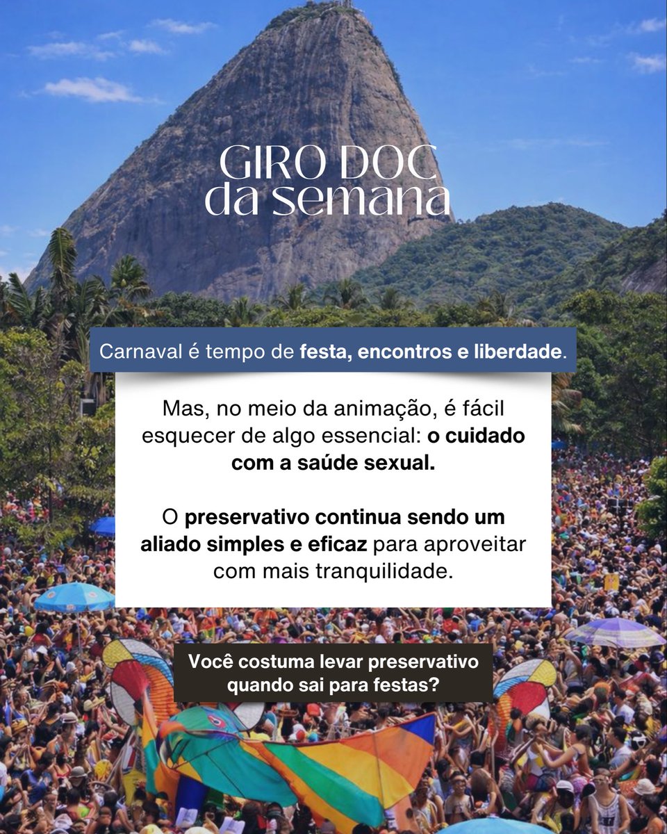 Bom day, agora vai 🎭
No #GiroDoc de hoje, o assunto é Carnaval, festa e um cuidado que não pode ficar de fora. Saúde sexual também entra no bloco.
Segue o fio 🧶