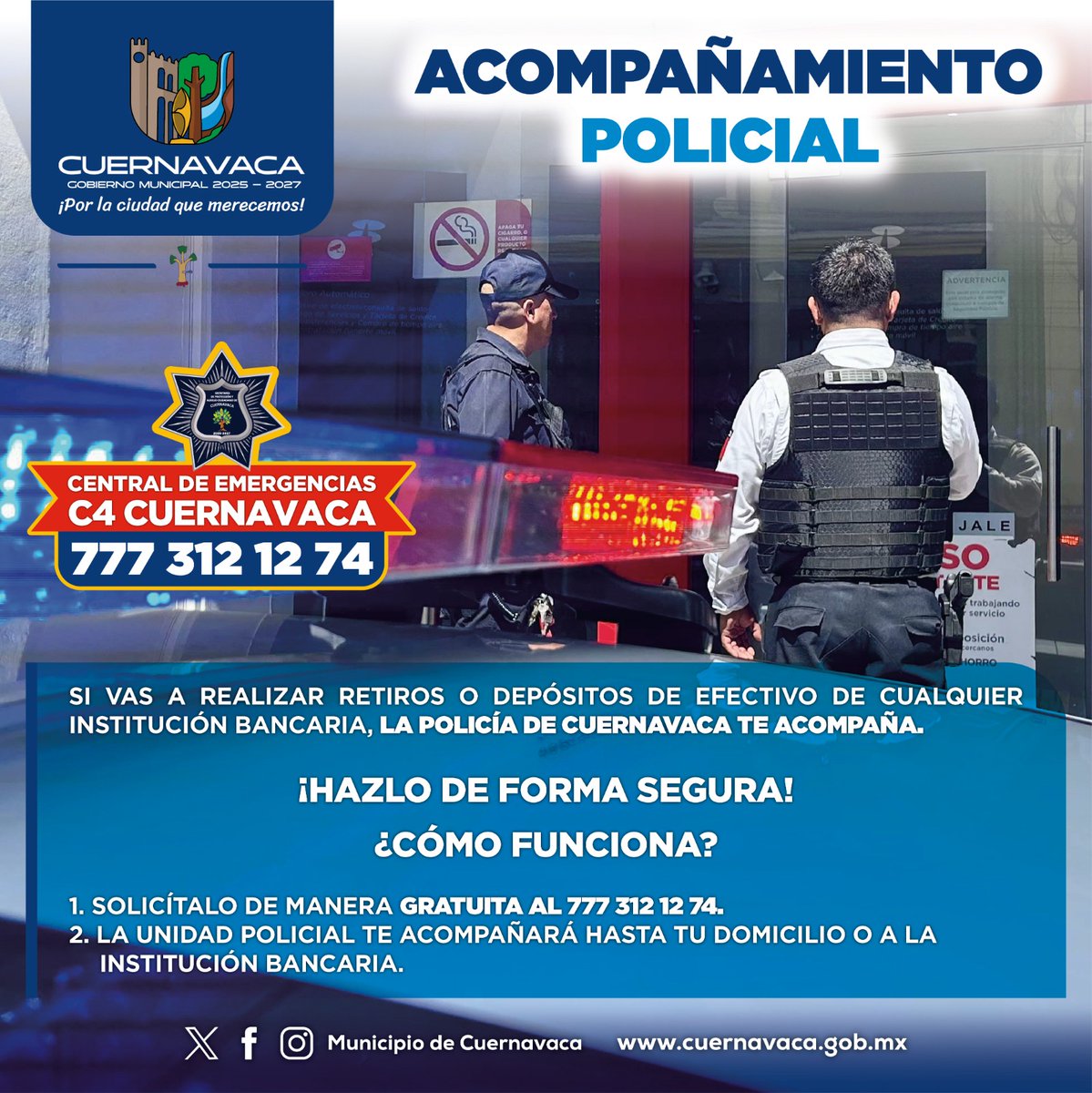 ¿Vas a realizar retiros 💰o depósitos?

🚨La policía de Cuernavaca te acompaña.🚨

📲Solicita de manera gratuita el acompañamiento policial al 777-312-12-74.
#SEPRAC #Acompañamiento #Cuernavaca
