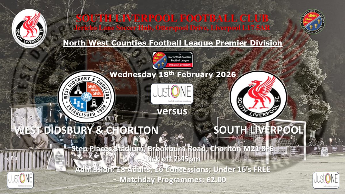 UP NEXT ⚪️⚫️🔴

📆 Wed 18/02/26
⚽️ <a href="/WD_CFC/">West Didsbury & Chorlton</a>
🏆 <a href="/nwcfl/">The NWCFL ⚽️</a> Premier Division
⏱️ 7:45pm
📌 Step Places Stadium, Brookburn Road, Chorlton M21 8FE
💰 Admission: £8 Adults; £6 Concessions
📚 Matchday Programmes: £2

#supportyourlocalclub
#ComeOnTheSouth