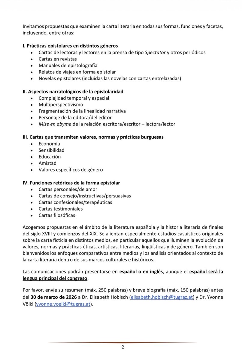 Convocatoria para el #congreso “La forma epistolar literaria en España en el tránsito del siglo #XVIII al XIX” (26-28 de noviembre de 2026, Universidad Técnica de Graz, Austria).