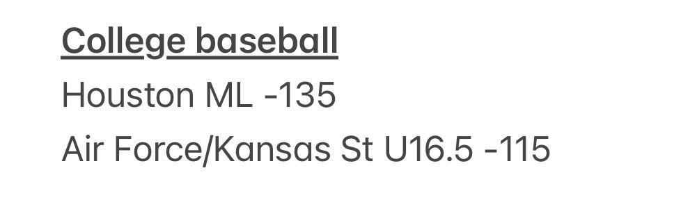 Tsmith7953's tweet photo. 2/16 College Baseball Picks! ⚾️ 

Not a ton of games to bet on today, so this is all we’ve got.

#DraftKings #DKPartner #CollegBaseball https://t.co/SoFxIfSEqY
