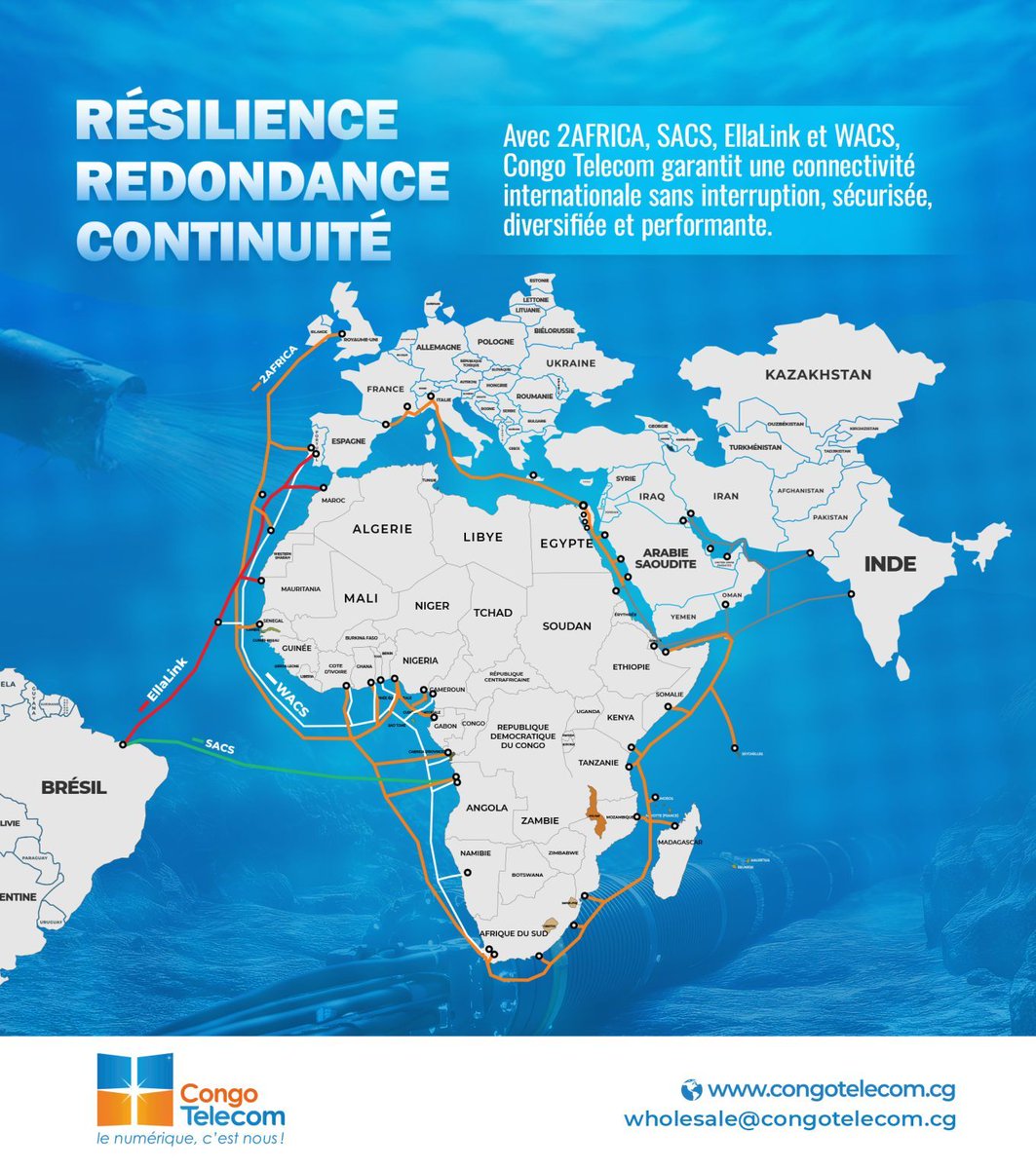 Congo Telecom active la capacité #2Africa et renforce sa connectivité internationale.
Cette infrastructure stratégique améliore la redondance du réseau, assure la continuité du trafic et réduit l’impact des coupures sous-marines.
#CongoTelecom #Internet #Telecommunications