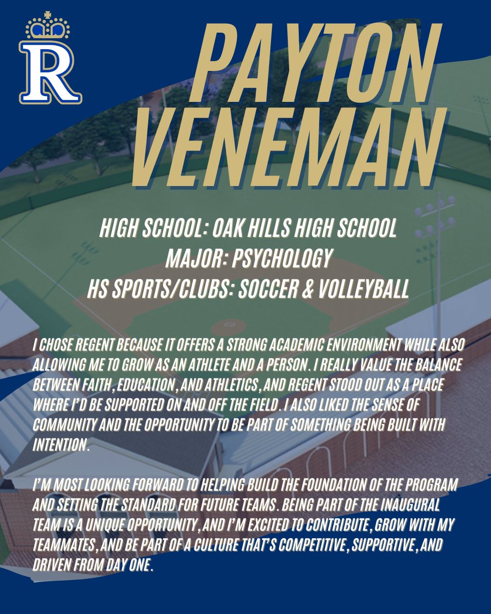 It's time to meet the team! We will be introducing each member of our 2026-2027 Roster, which will be the first Softball Team in Regent University history. 
First Up, Payton Veneman a Pitcher/UTL from Ohio. We are so excited to have Payton be apart of the Royal Family!