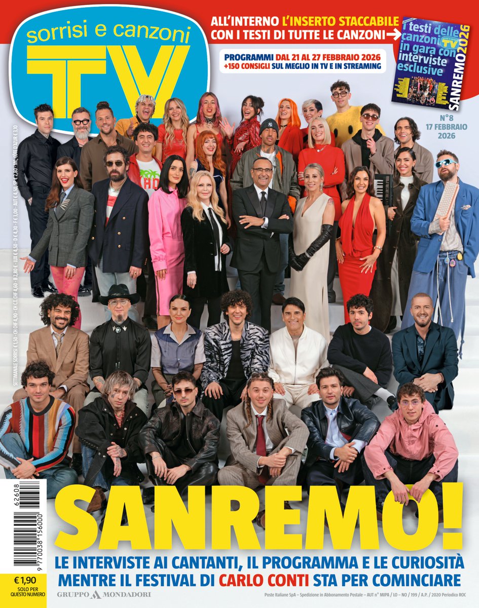 La nuova  copertina della settimana è quella più attesa dell’anno: Carlo Conti,  conduttore e direttore artistico del Festival, con tutti gli artisti in  gara a Sanremo 2026 💐 

Vi aspettiamo domani in edicola e...che il Festival abbia inizio! 
#Sanremo2026