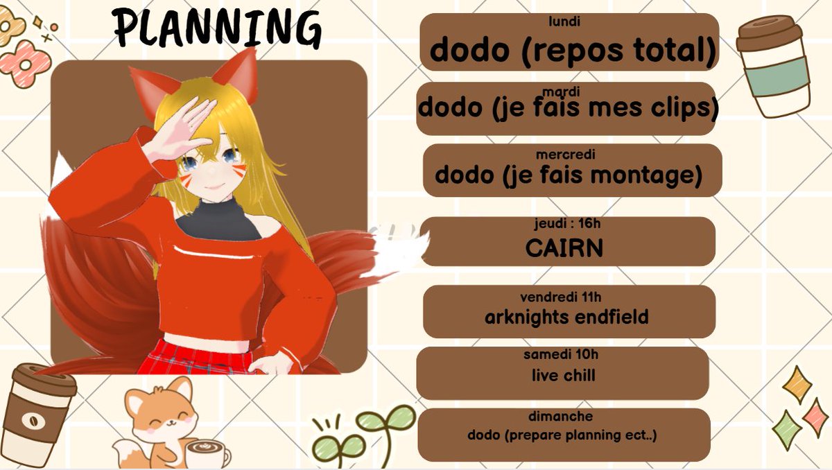 Nouvelle planning du 16 au 22 février, oui j'ai ajouté quelques parenthèse pour un peu originalité + explications de ma routine

#vtuber #vtuberfr