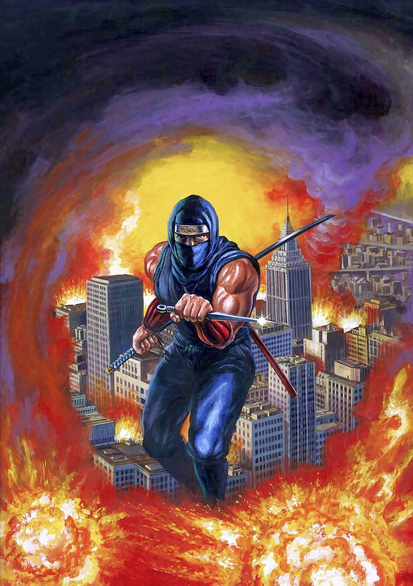 Ninja Ryūkenden (1988) by Tecmo for Nintendo Famicom. Key promotional illustration by Masato Kato. Western titles are Ninja Gaiden and Shadow Warriors.