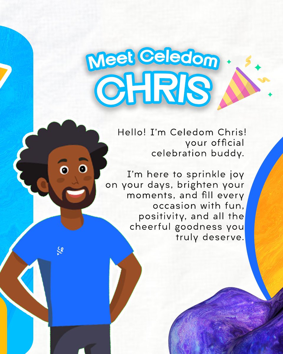 CeledomApp's tweet photo. Say hello to Celedom Chris 💁🏾‍♂️🎉 Your new celebration companion.

From birthdays to weddings and everything in between, this new Character is here to guide you every step of the way around the Celedom app.

Let’s celebrate better, together. #CeledomChris #Celedomapp #applaunch https://t.co/ppgzipC0ao