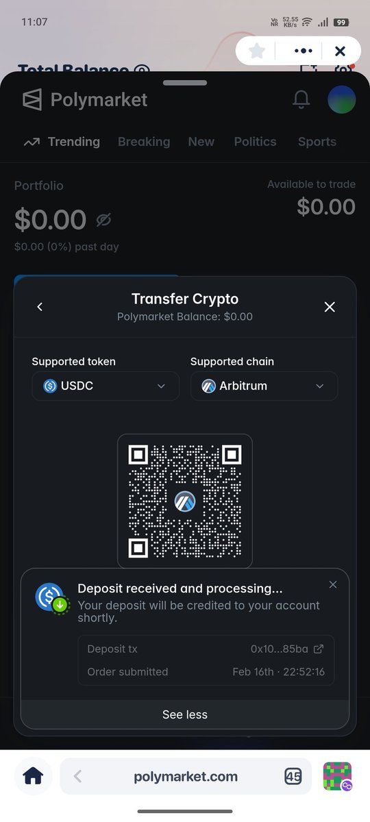 Is there any issue in <a href="/Polymarket/">Polymarket</a> deposit 
I deposited 226$ through transfer crypto option in Arbitrum network,it's almost half an hr still my deposit wasn't credited in my account.
arbiscan.io/tx/0x101c09fc4…
My deposit adress:-
0x674437b5bD1C69531d1b8A47329EAe24B81651D7