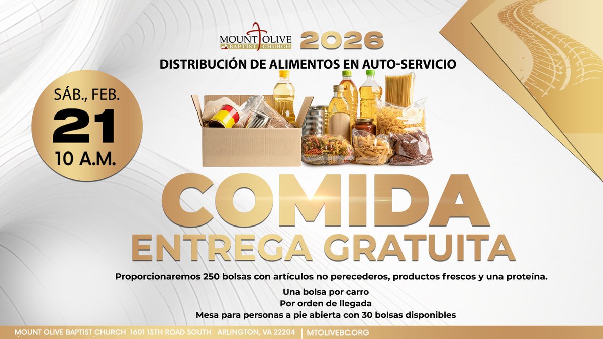 On February 21 at 10am Mount Olive Baptist Church hosts their Drive-Thru Food Giveaway.  250 bags of food will be distributed on a first-come basis. Each bag of food will contain one protein, fruits, and vegetables