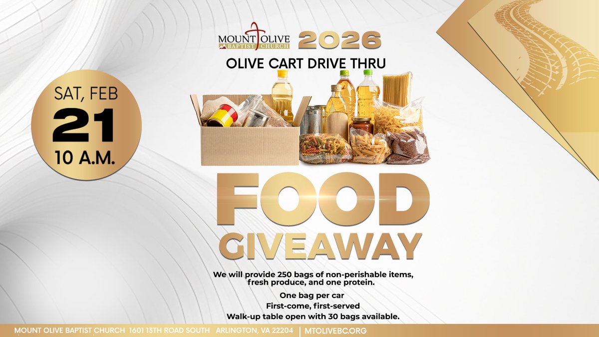 CISGunston's tweet photo. On February 21 at 10am Mount Olive Baptist Church hosts their Drive-Thru Food Giveaway.  250 bags of food will be distributed on a first-come basis. Each bag of food will contain one protein, fruits, and vegetables https://t.co/BWeq2OuXlm