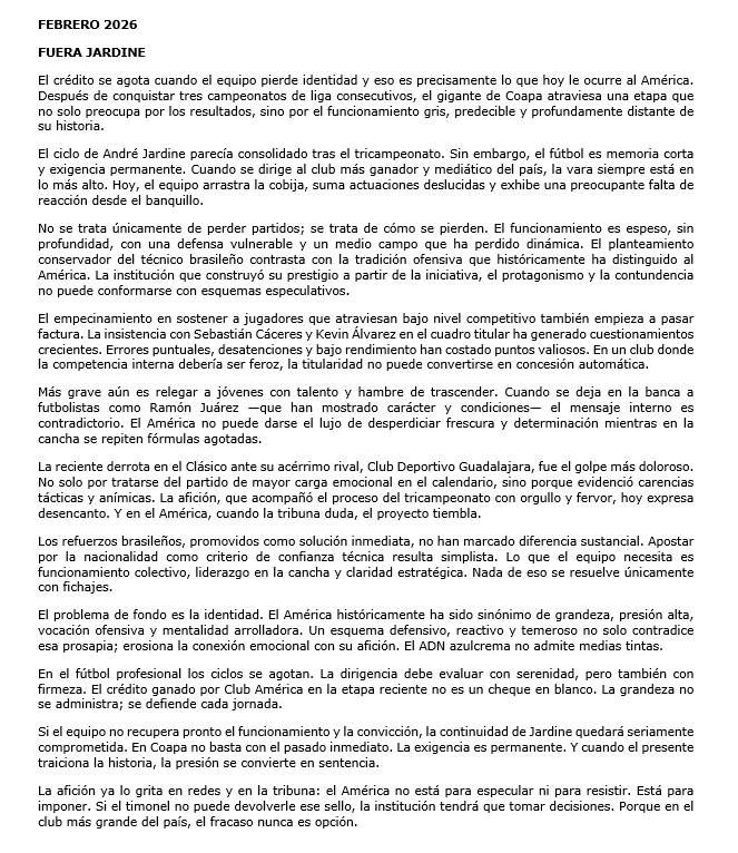 #ElApunteDelDirector✍️
#FueraJardine: El crédito se agota cuando el equipo pierde identidad y eso es precisamente lo que hoy le ocurre al <a href="/ClubAmerica/">Club América</a>