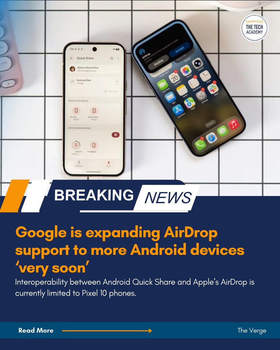 TheTechAcad's tweet photo. 📱 Transferring files between Android and Apple devices is about to get a lot easier!

Read the full story: https://t.co/AADSYmiFwg

#technews #codingbootcaps #tech #softwaredevelopment #programminglanguages #onlinecoding #fullstack https://t.co/eWxzmFAql7