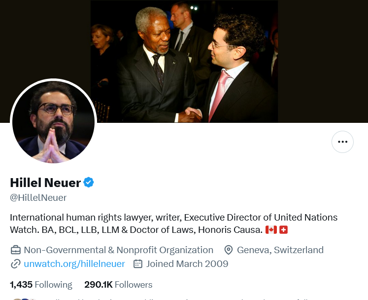 AlfredNeuman77's tweet photo. For those unaware of what @UNWatch actually stands for, it's executive director's idea of civilization and international law is a consequence-free return to WW2 barbarity for Israel's sake. 

This is who these people are. https://t.co/qjHmILBsch