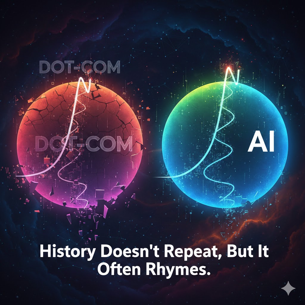 📉 ಡಾಟ್-ಕಾಮ್ ಇತಿಹಾಸ ಮತ್ತು ಇಂದಿನ AI ಅಬ್ಬರ- ಒಂದು ಎಚ್ಚರಿಕೆ

✅ನಾವು ಇಂದು AI ಬಗ್ಗೆ ಕಾಣುತ್ತಿರುವ ಉತ್ಸಾಹವು 1995-2000 ರ ಅವಧಿಯ 'ಡಾಟ್-ಕಾಮ್ ಬಬಲ್' (Dot-com Bubble) ಅನ್ನು ನೆನಪಿಸುತ್ತಿದೆ. 25 ವರ್ಷ ಹಿಂದಕ್ಕೆ ಹೋಗಿ ಇತಿಹಾಸದ ಆ ಪುಟಗಳನ್ನು ಒಮ್ಮೆ ತಿರುವಿ ನೋಡೋಣ.

1.ಅಬ್ಬರದ ಏರಿಕೆ (1995 - 2000)
ಆ ಸಮಯದಲ್ಲಿ