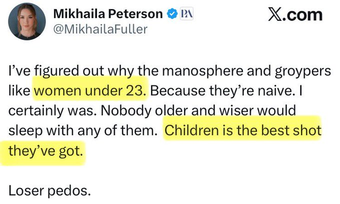 <a href="/Hitchslap1/">Hitchslap</a> Nah, the biggest appeal of women under the age of 23 is that they likely haven't been run through by men like Andrew Tate.