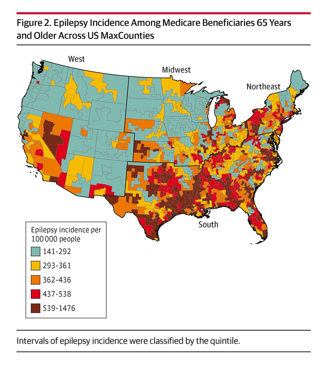 JAMANeuro's tweet image. #Epilepsy incidence among US #Medicare beneficiaries aged 65 and older varied tenfold across regions and was associated with insufficient sleep, lack of vehicle access, heat index, physical inactivity, and uninsured rate. bit.ly/4rHmPZJ
