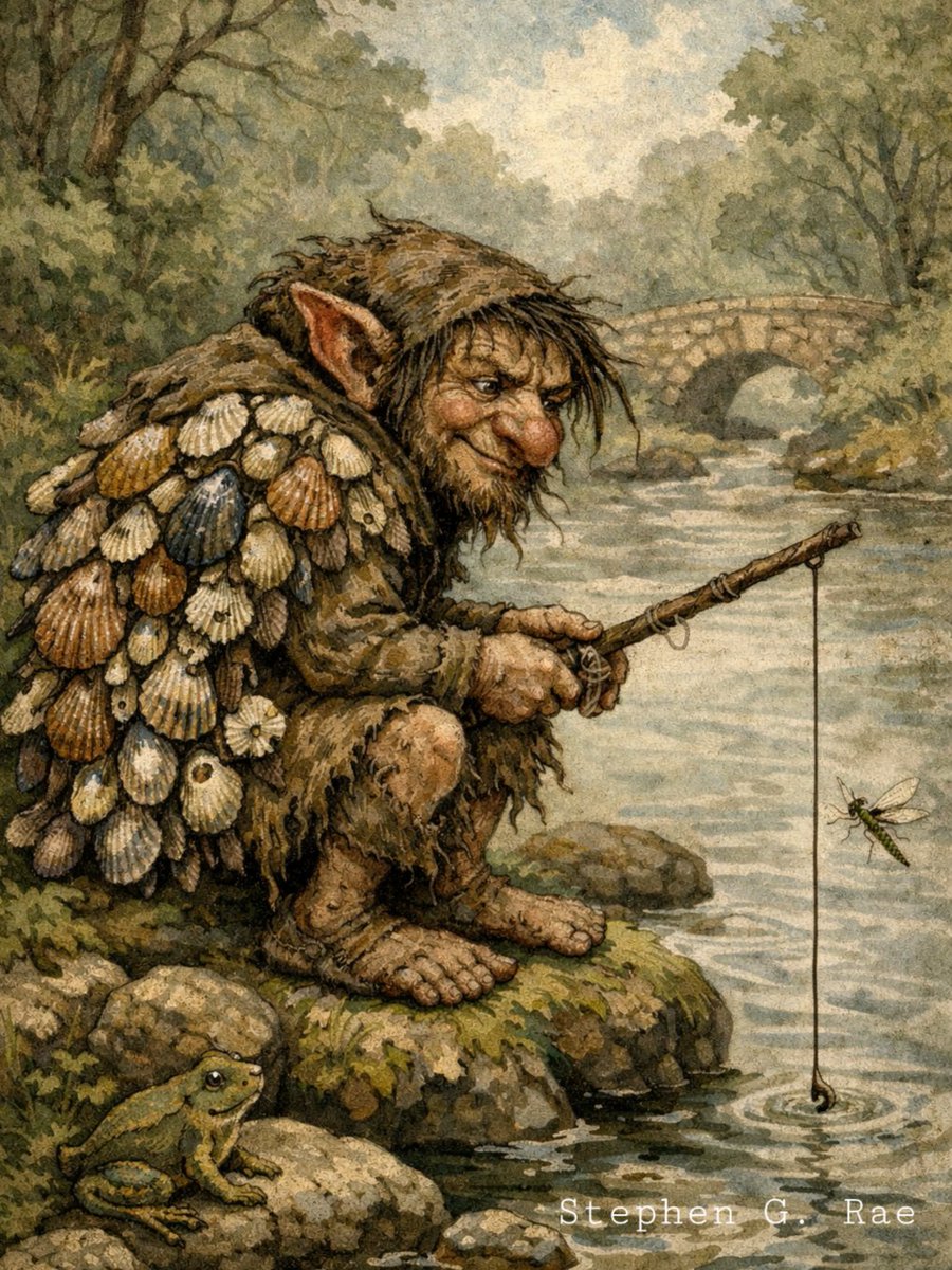 Shellycoat is a particularly grumpy Brownie from Scottish folklore, often seen by the side of a burn, fishing.

and read more in: "Boggarts, Brownies, Hobs and their Goblin Kin: An Encyclopedia of World Folklore" by Stephen G. Rae