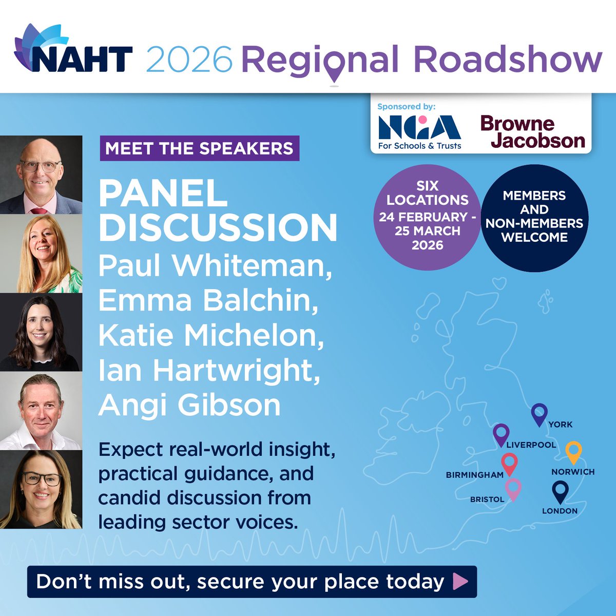 NAHTnews's tweet photo. ⏰ Time-limited 50% discount offer on now! Enter the code Flash-RR at checkout.

Real-world insight, practical guidance, honest discussion - our expert panel tackles the biggest issues facing schools today.

📅 Feb–Mar across Birmingham, Liverpool, Norwich, York, Bristol and London 

Supported by @brownejacobson and @NGAMedia.   

🔗 Book now: https://t.co/eCBxw5jhMk