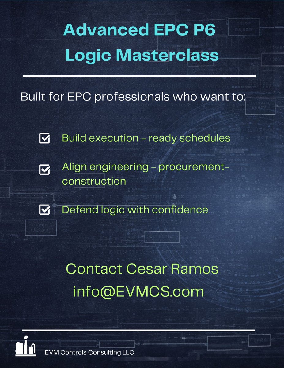AdvancedCPM's tweet photo. I work with owners, EPC contractors, and PMOs to strengthen schedule logic, validate performance, implement EVM systems, and support delay claims with defensible analysis.

If you need expert training, click here
https://t.co/3swhQFlRq5 

📩 info@EVMCS.com
📞 888-476-5848 https://t.co/2UrqTS2bQg