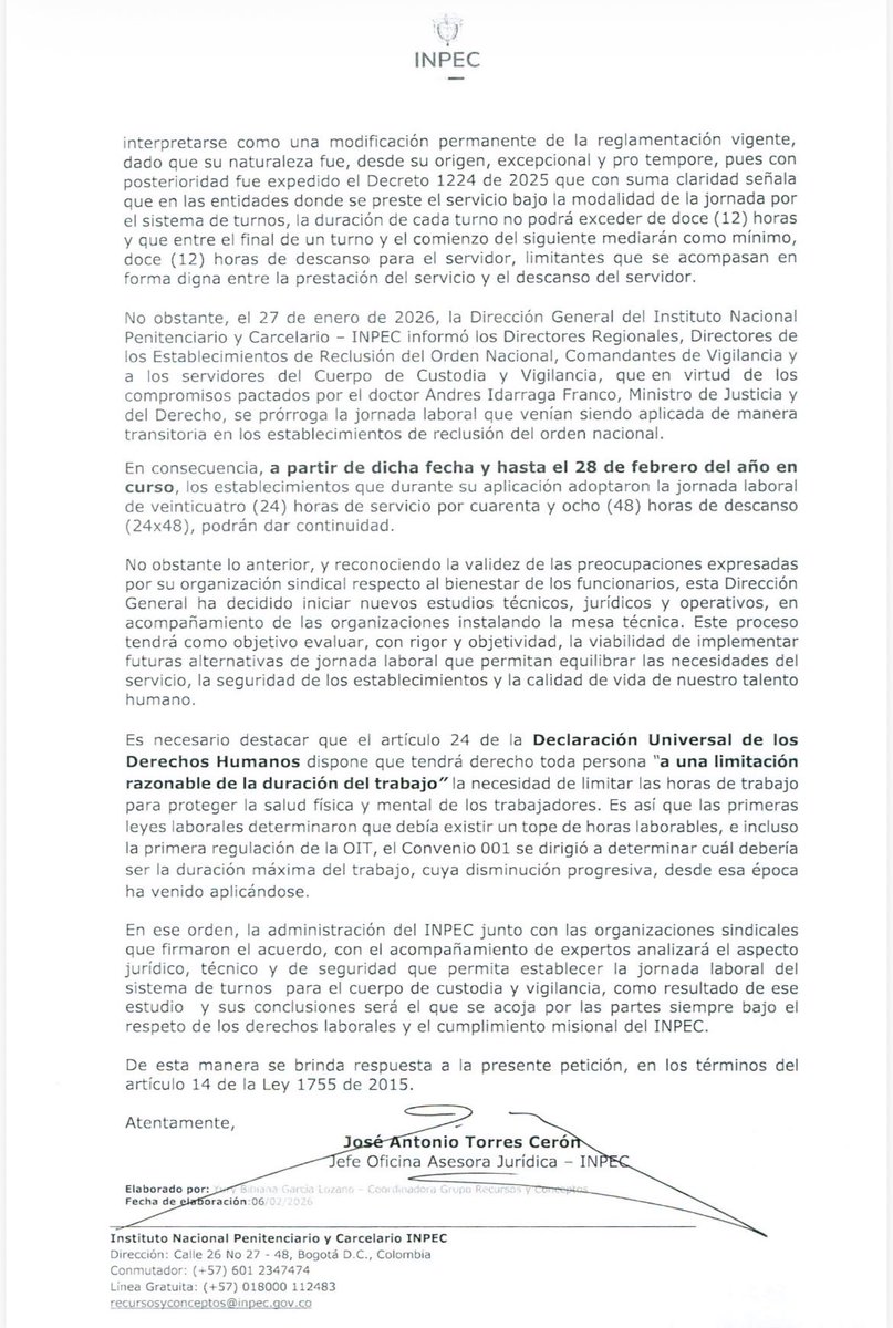 Respuesta a solicitud <a href="/JenniferPedraz/">Jennifer Pedraza #100 Ahora Colombia</a> buscando horario laboral digno 24x48, con evasivas por parte del <a href="/INPEC_Colombia/">INPEC Colombia</a> seguimos trabajando por dignificar la jornada laboral para cuerpo de custodia y vigilancia.
