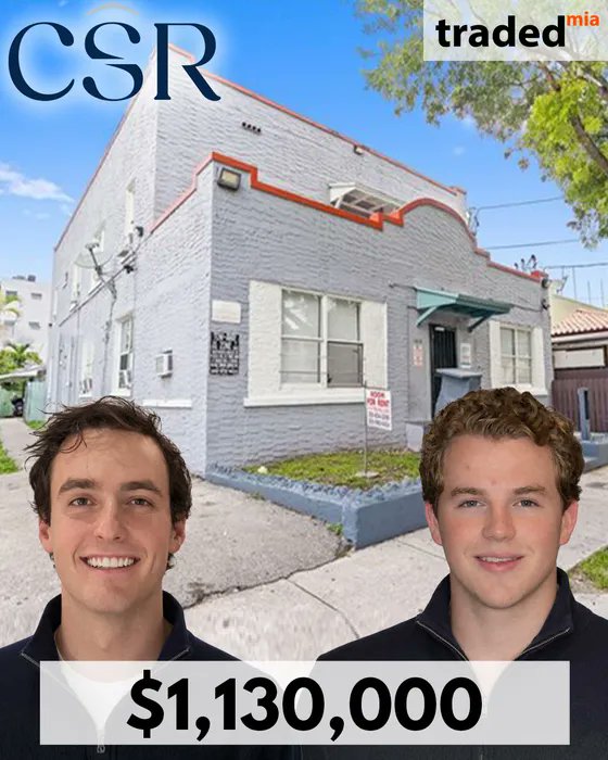tradedmiami's tweet photo. SALE
IMAGE: Samuel Rubell & Connor Sazant
DATE: 02/11/2026
ADDRESS: 1619 Southwest 2nd Street
MARKET: Miami
ASSET TYPE: Multifamily

BUYER: Connor Sazant & Samuel Rubell - CSR Development

SALE PRICE: $1,130,000
UNITS: 10 ~ PPU: $113,000
SF: 6,000 ~ PPSF: $188

#Miami #RealEstate #tradedmia #MIA #TradedPartner #Multifamily #ConnorSazant #SamuelRubell #CSRDevelopment