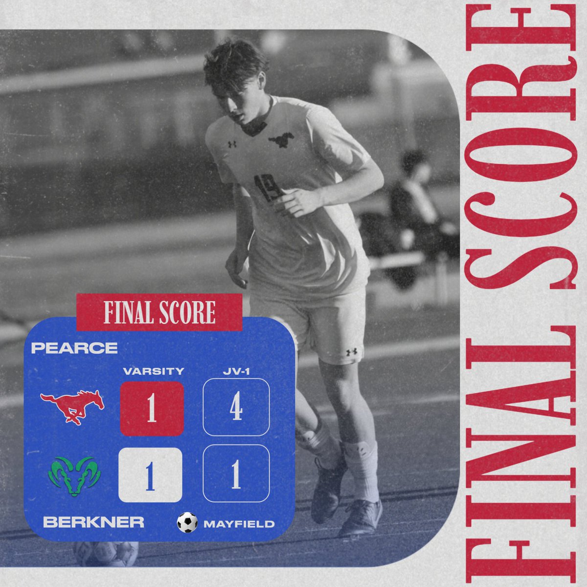 Final scores from Friday night. Pearce JV-1 won 4-1 and Varsity tied Berkner 1-1. Varsity goal from Blake Mayfield on a PK. 

#mustangsoccer #compete
