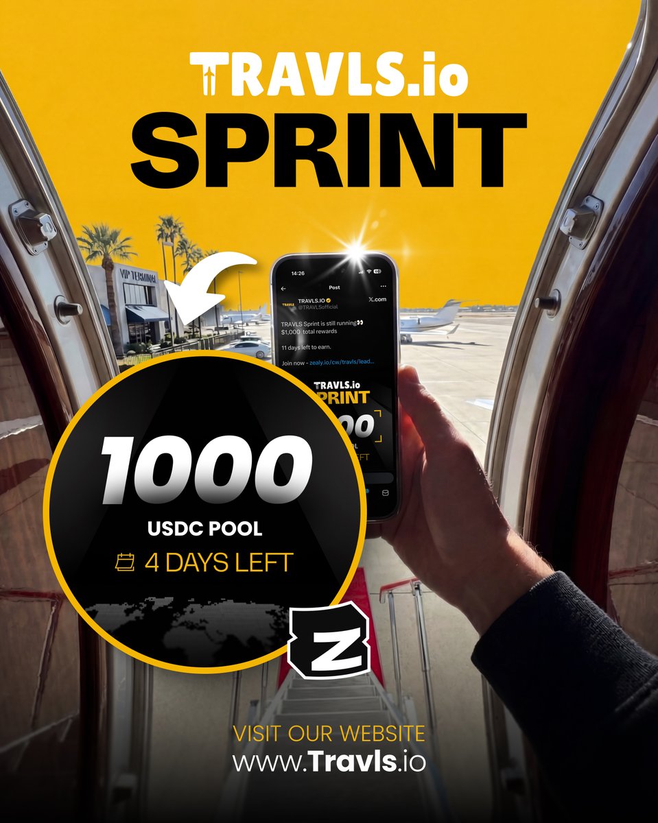 Only 4 days left in the TRAVLS Sprint ⏳

There’s 1,000 USDC in the pool and the leaderboard is still moving.

If you’ve already joined, this is your moment to push a little harder.
If you’ve been watching, there’s still time to get in and secure a spot.

Closes in 4 days. Don’t