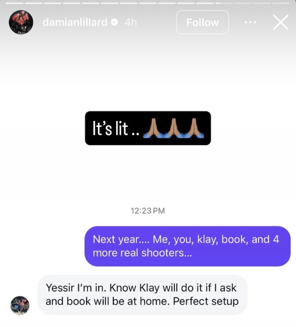 NBAdoPovo's tweet photo. Damian Lillard postou nos stories um print dele chamando o Stephen Curry, Klay Thompson e o Devin Booker pro Torneio de 3 pontos do ano que vem

"Ano que vem… Eu, você, Klay, Book e mais 4 arremessadores de verdade…"

O Curry respondeu:

"Pode crer, tô dentro. Sei que o Klay vai fazer se eu pedir e o Book vai estar em casa. Cenário perfeito."